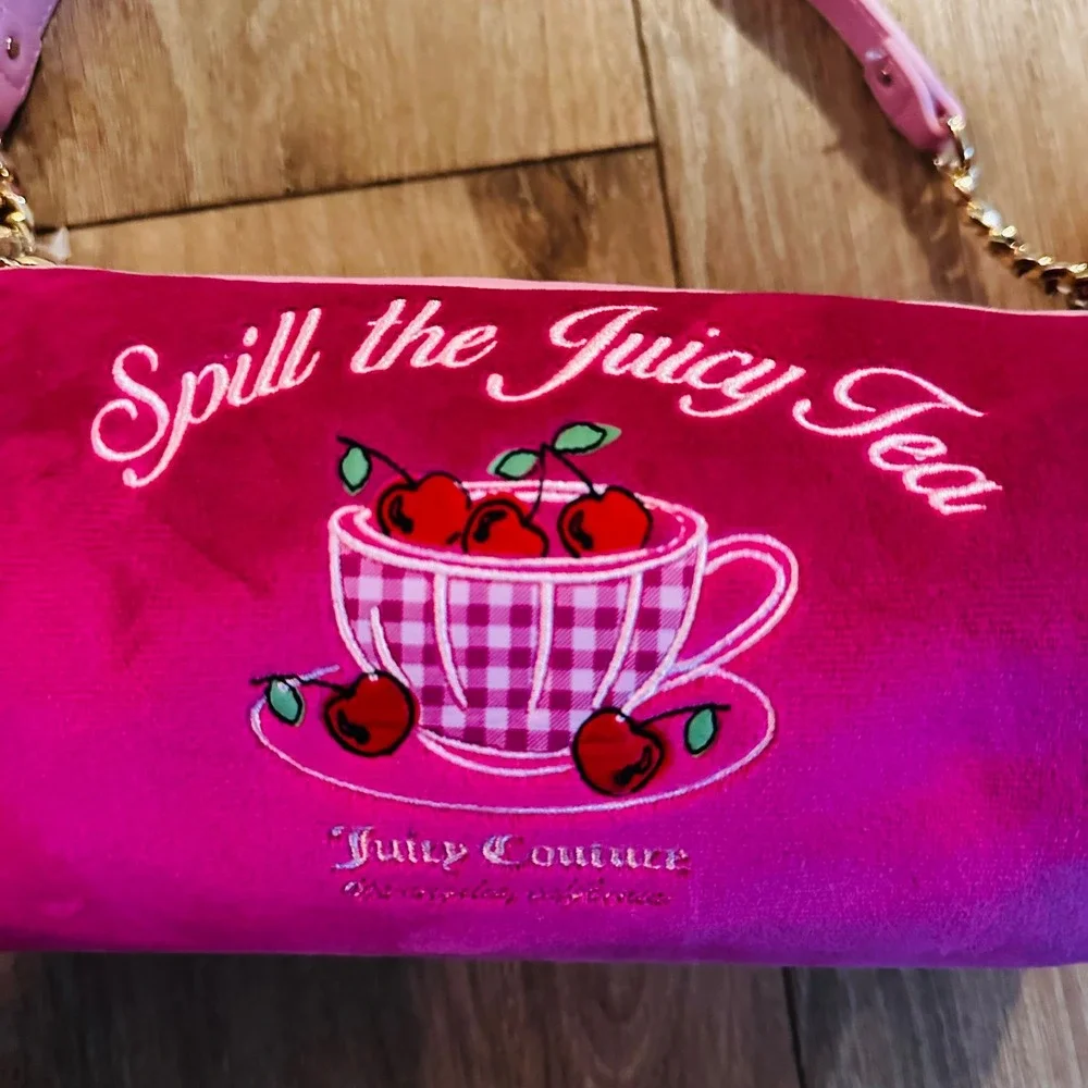 Juicy Couture Spill the Juicy Tea Pink Velour Barrel Bag Cherry Pom Pom NWT
